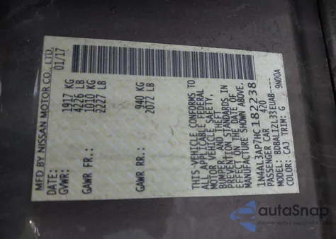 2017 Nissan Altima 2.5 Sv из США, поврежденный, VIN 1N4AL3AP7HC182238